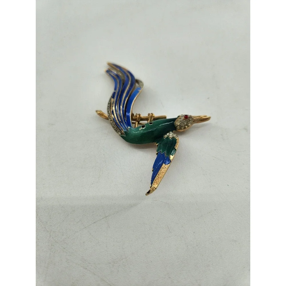 Trifari Birds‎ of Paradise Brooch & Earring Set Blue Green Enamel Rhinestone